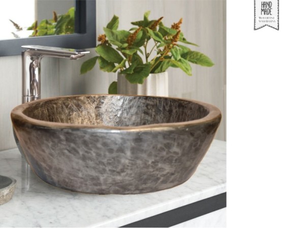 Νεροχύτης Μπάνιου Γλαύκη Βουρτσισμένο Νίκελ Χειροποίητος Από Τραβερτίνο Ορυκτά Υλικά Και Ρινίσματα Μετάλλου