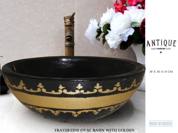 Οβάλ Νεροχύτες Μπάνιου Τραβερτίνο Με Μεταλλικό Σχέδιο Χρυσού