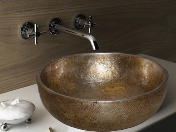 Στρογγυλός Τραβερτίνο Μεταλλικός Νιπτήρας Παλαιωμένο Ασήμι