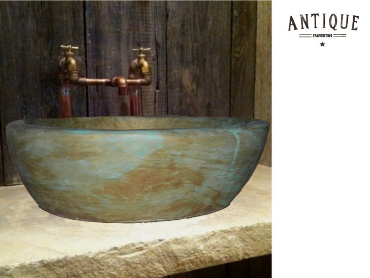 Vintage Χειροποίητος Τραβερτίνο Τεχνικά Οξειδωμένος Μπρούτζος Νιπτήρας Γλαύκη 