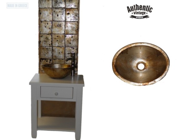 Χειροποίητοι Μεταλλικοί Τραβερτίνο Νιπτήρες Οβάλ Παλαιωμένο Ασήμι