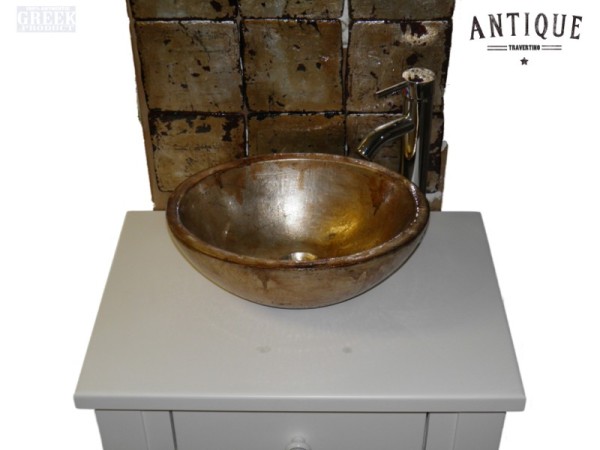 Χειροποίητοι Μεταλλικοί Τραβερτίνο Νιπτήρες Οβάλ Παλαιωμένο Ασήμι