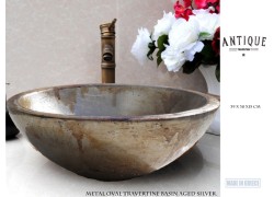 Χειροποίητοι Μεταλλικοί Τραβερτίνο Νιπτήρες Οβάλ Παλαιωμένο Ασήμι