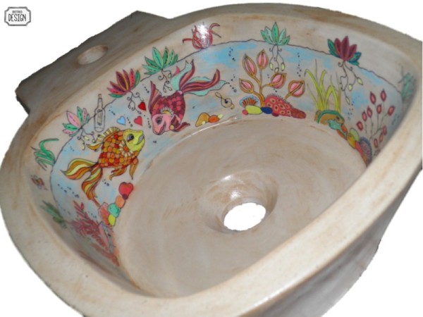 Antique Sink Bathroom Wall Design Fishes