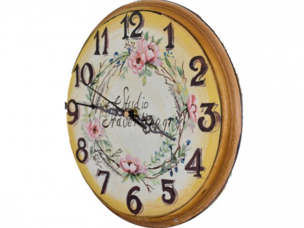 Wooden Handmade Wall Clock With Wreath Painting