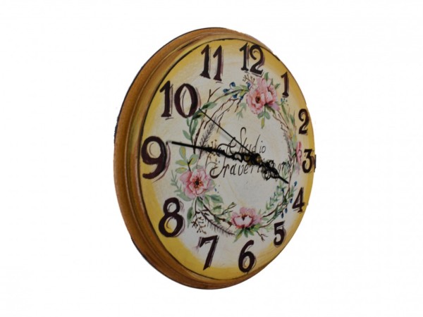 Wooden Handmade Wall Clock With Wreath Painting