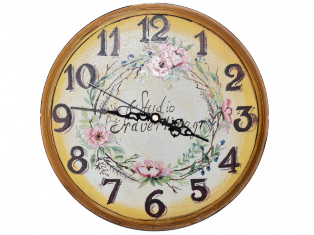 Ξύλινο Χειροποίητο Ρολόι Τοίχου Με Ζωγραφική Στεφάνι
