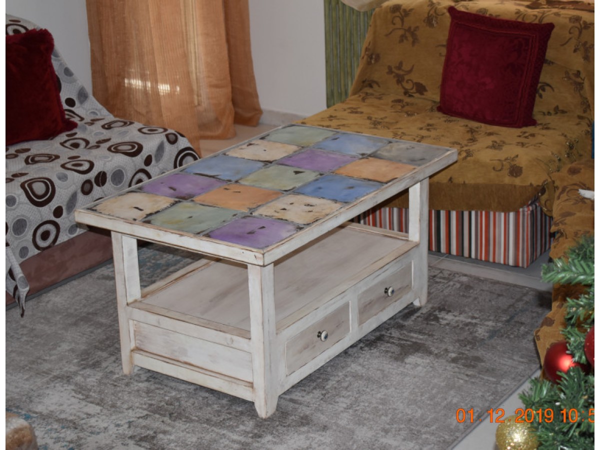  Vintage τραπέζι σαλονιού παλαιωμένο με χειροποίητα πλακάκια μοναστηριακά