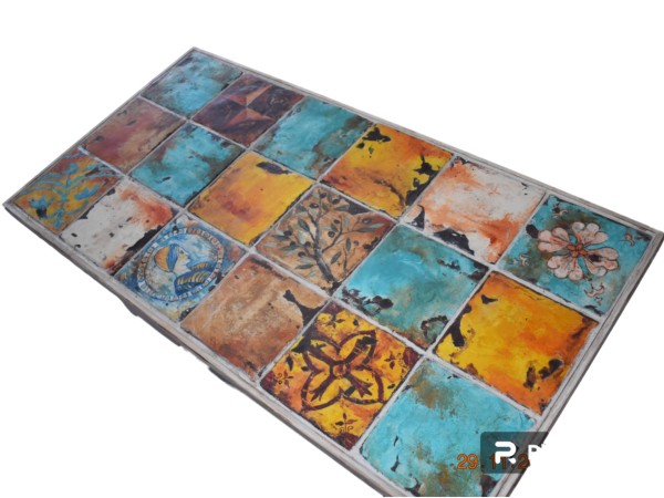 Vintage τραπέζι σαλονιού  με χειροποίητα μοναστηριακά πλακάκια