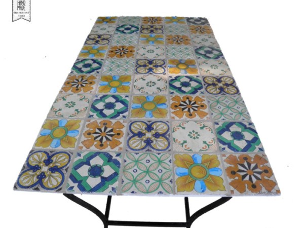 Garden Table 185 x 105 cm With Hand Made Tile Drawings Travertine