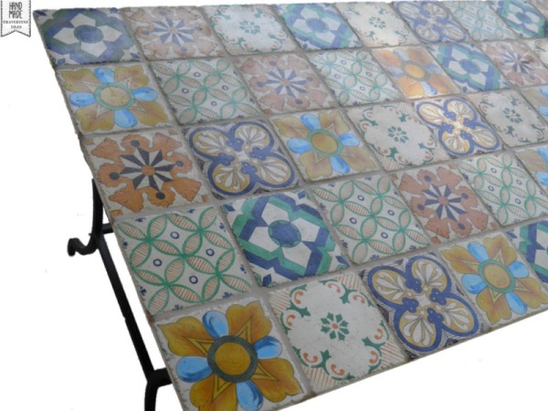 Garden Table 185 x 105 cm With Hand Made Tile Drawings Travertine