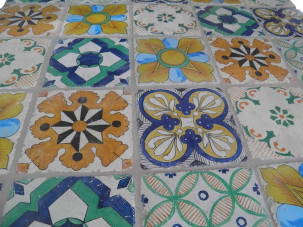 Garden Table 185 x 105 cm With Hand Made Tile Drawings Travertine