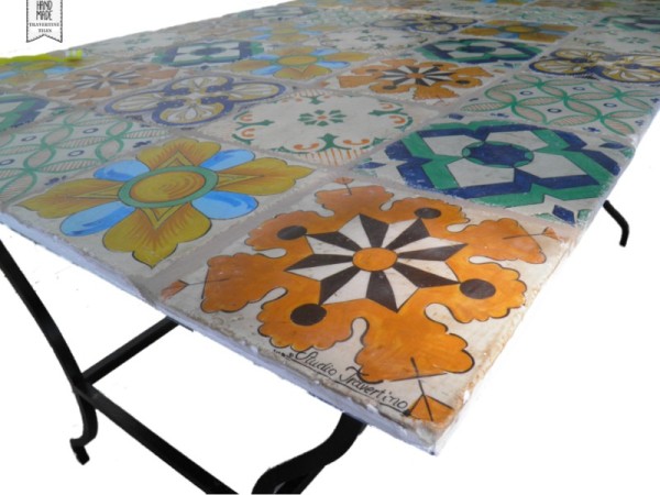 Garden Table 185 x 105 cm With Hand Made Tile Drawings Travertine