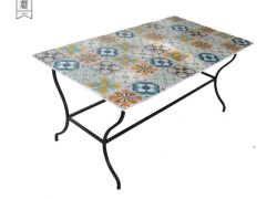 Garden Table 185 x 105 cm With Hand Made Tile Drawings Travertine