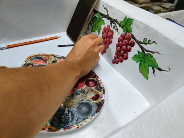 Built in stone kitchen sink with a design!
