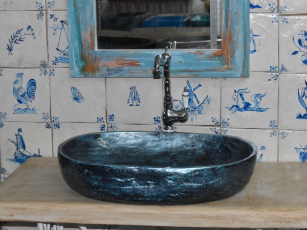 Χειροποίητος Νιπτήρας Μπάνιου Μαύρος Μεταλλιζέ Μπλε Θέτις