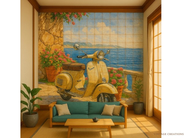 Handmade tiles depicting a painted Vespa