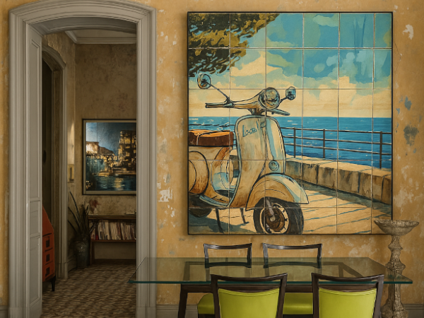 Handmade tiles depicting a painted Vespa