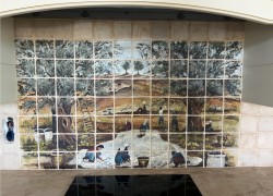Travertine kitchen tiles with an olive grove painting
