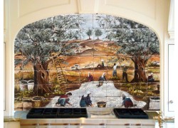 Travertine kitchen tiles with an olive grove painting