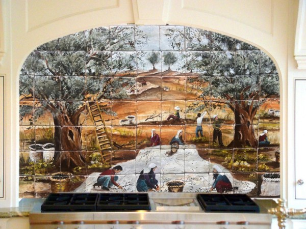 Πλακάκια κουζίνας τραβερτίνο με ζωγραφική παράσταση ελαιώνας 