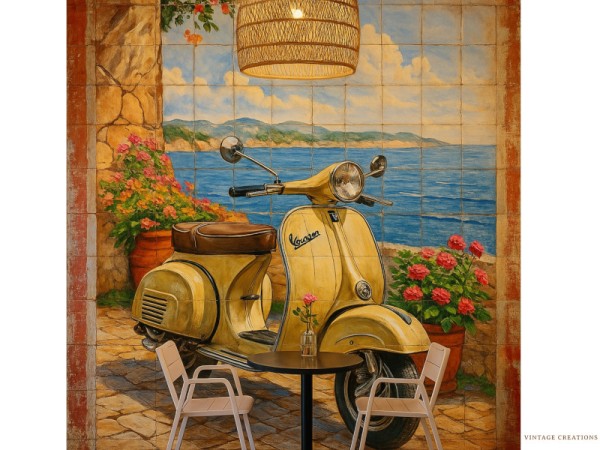 Handmade tiles depicting a painted Vespa
