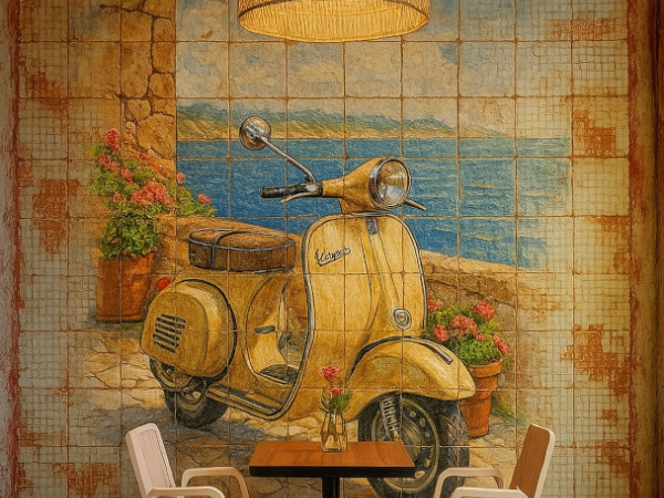 Handmade tiles depicting a painted Vespa