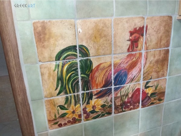 Handmade Πλακάκια Τραβερτίνο Παράσταση Κόκορας 