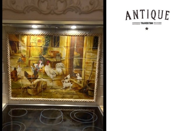 Χωριό παράσταση κουζίνας με πλακάκια χειροποίητα τραβερτίνο