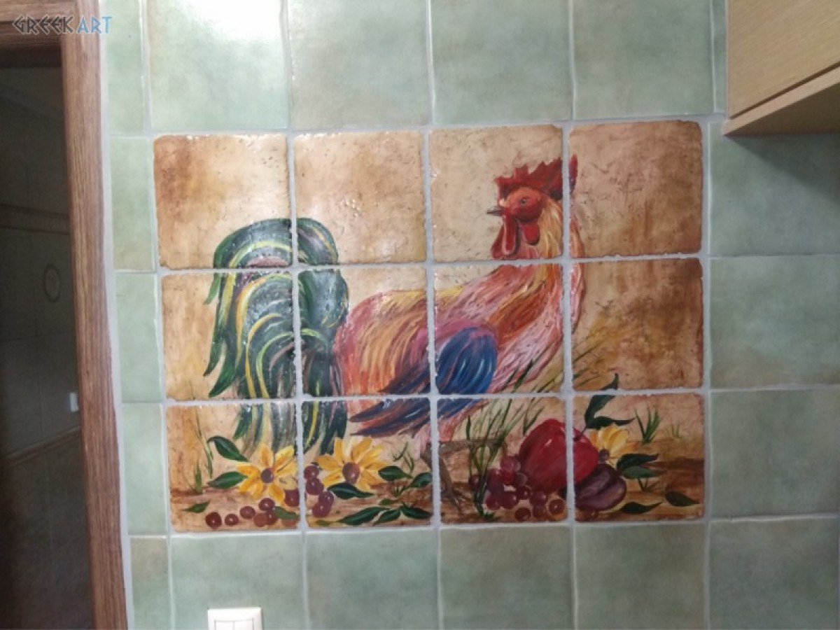 Handmade Πλακάκια Τραβερτίνο Παράσταση Κόκορας 