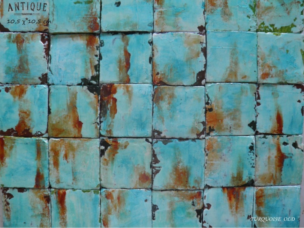 Αντικέ Παλαιωμένα Τραβερτίνο Πλακάκια  Μύκονος Τυρκουάζ  Vintage 10,5 χ 10,5 cm