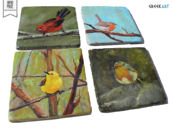Πουλιά Ζωγραφική Ιδιαίτερα Τραβερτίνο Χειροποίητα Πλακάκια 
