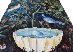 Elsa painting performance on handmade travertine tiles