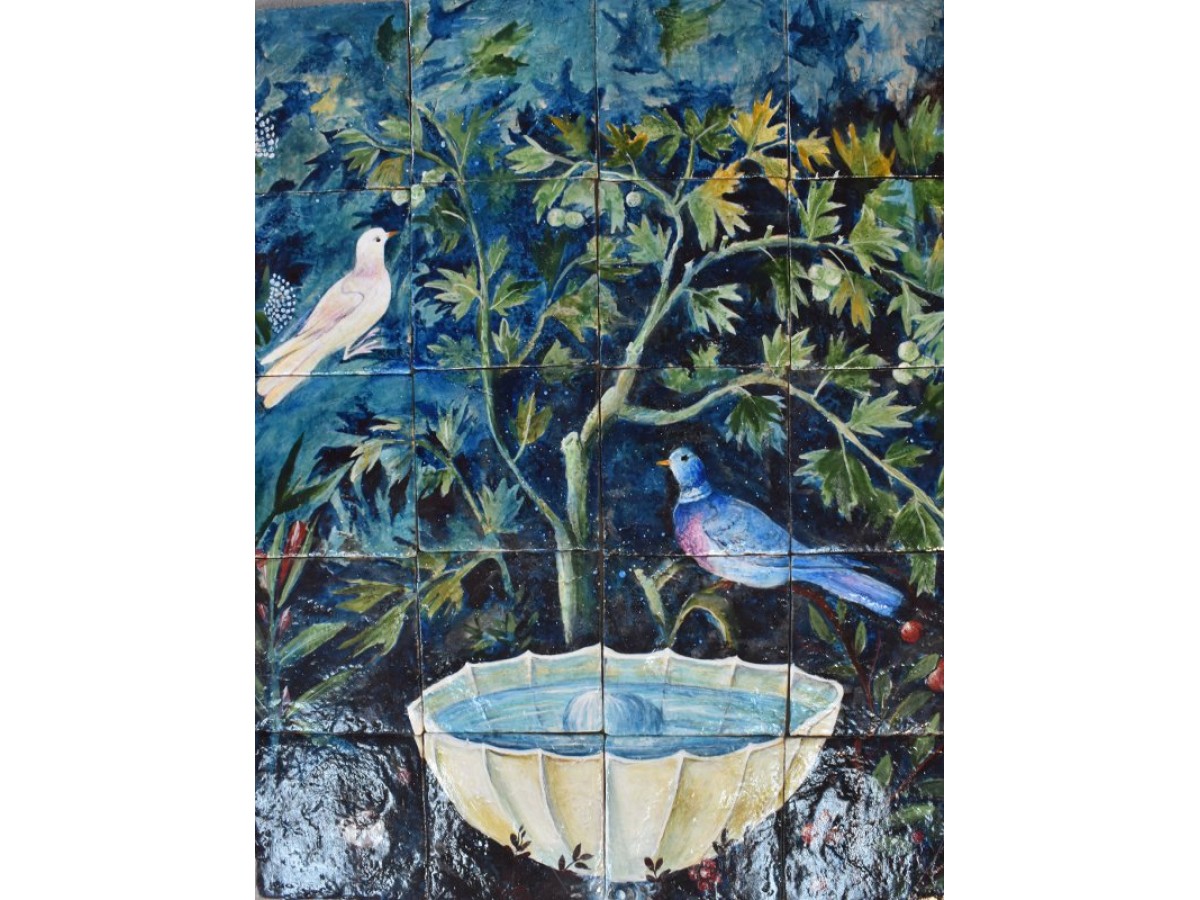 Elsa painting performance on handmade travertine tiles