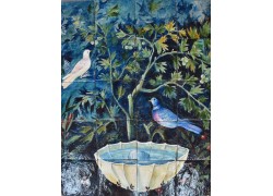 Elsa painting performance on handmade travertine tiles