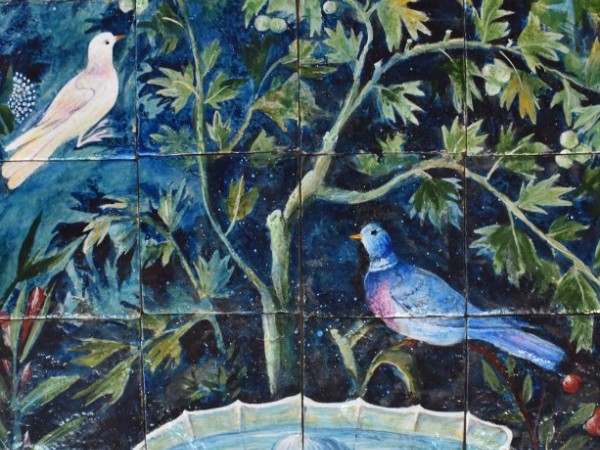 Elsa painting performance on handmade travertine tiles