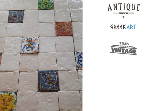 Χειροποίητα  Πλακάκια Τραβερτίνο Μύκονος Φυσικά Λευκά Με Σχέδια