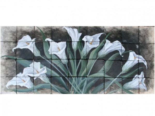Painting Lilies Flowers Decor Kitchen in Travertine Tiles
