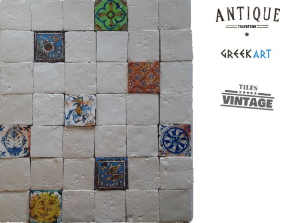 Χειροποίητα  Πλακάκια Τραβερτίνο Μύκονος Φυσικά Λευκά Με Σχέδια