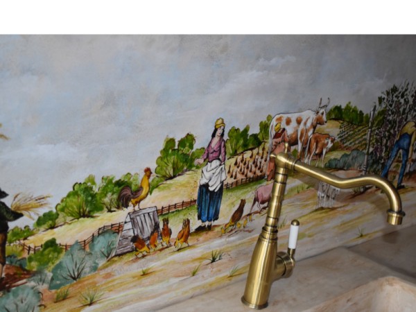 Kitchen Representation Painting Handmade Field Tile Travertine 200 x 60 cm