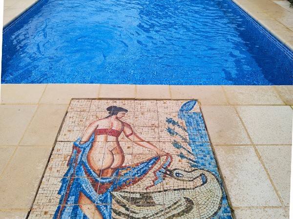 Πλακάκια δαπέδου τοίχου τραβερτίνο ζωγραφική ψηφιδωτη η Λήδα και ο Δίας