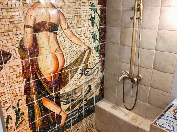 Πλακάκια μπάνιου τραβερτίνο ζωγραφική ψηφιδωτη η Λήδα και ο Δίας