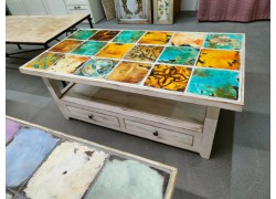Coffee Table Handmade Aged With Drawers And Handmade Tiles   Offer