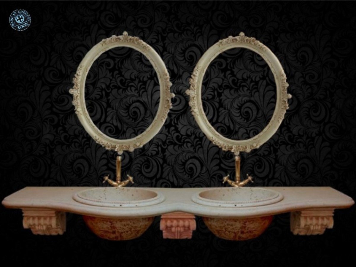 Handmade bathroom furniture console Athena with two sinks.